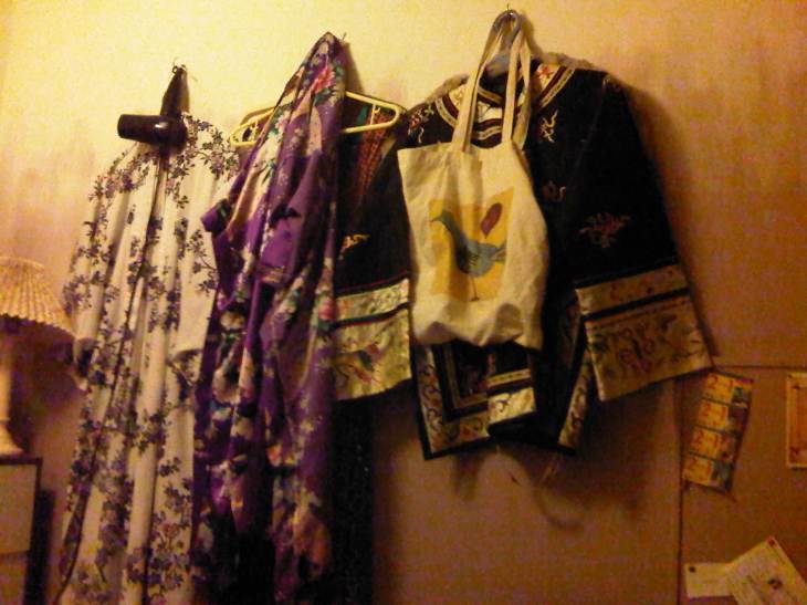 A row of colourful dressing gowns hanging on pegs on a wall.