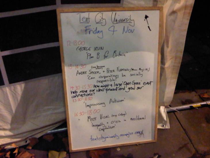 A daily list of events at Tent City University.